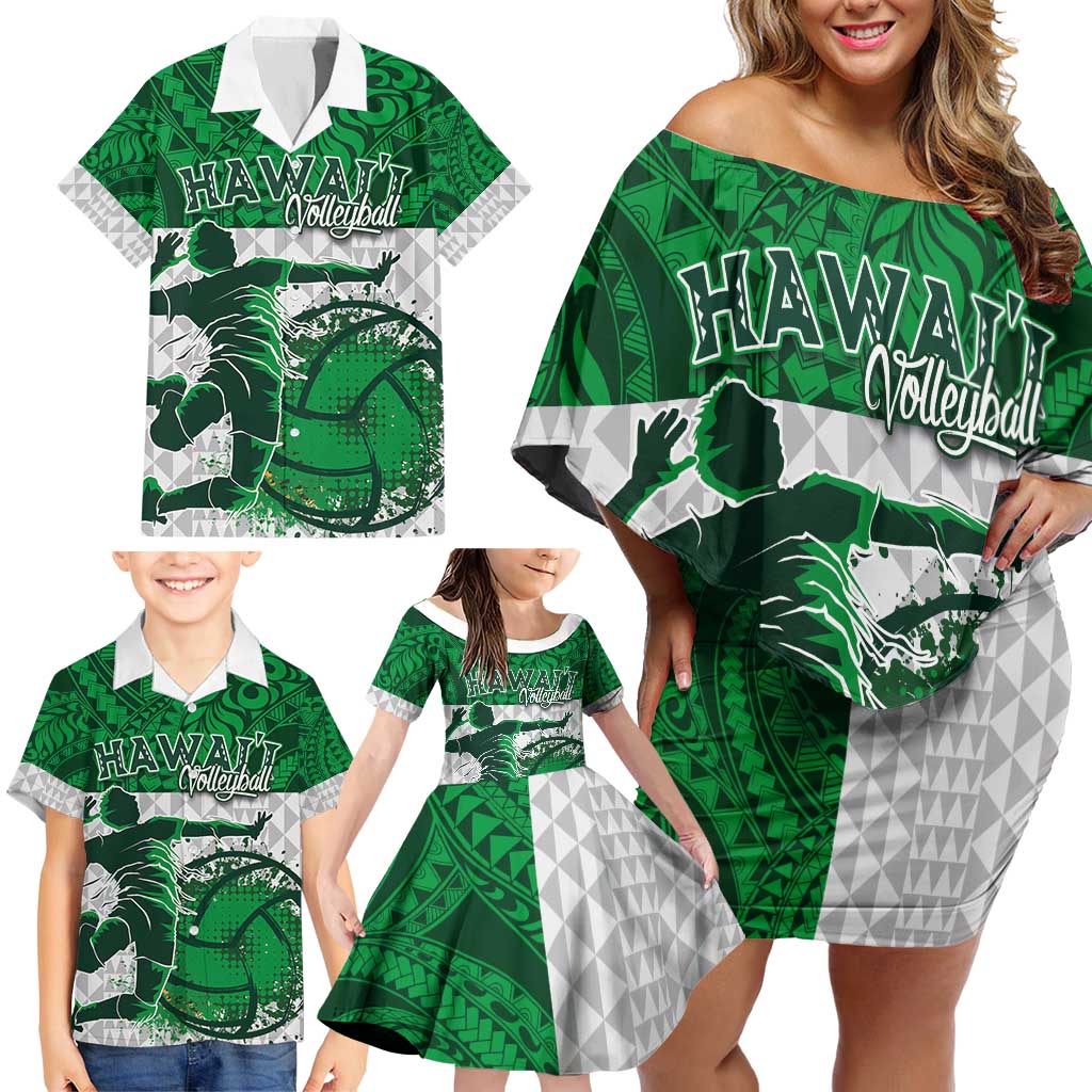 Custom Hawaii Volleyball-Kakau Motif Green Color Family Matching Off Shoulder Short Dress and Hawaiian Shirt LT03 - Polynesian Pride