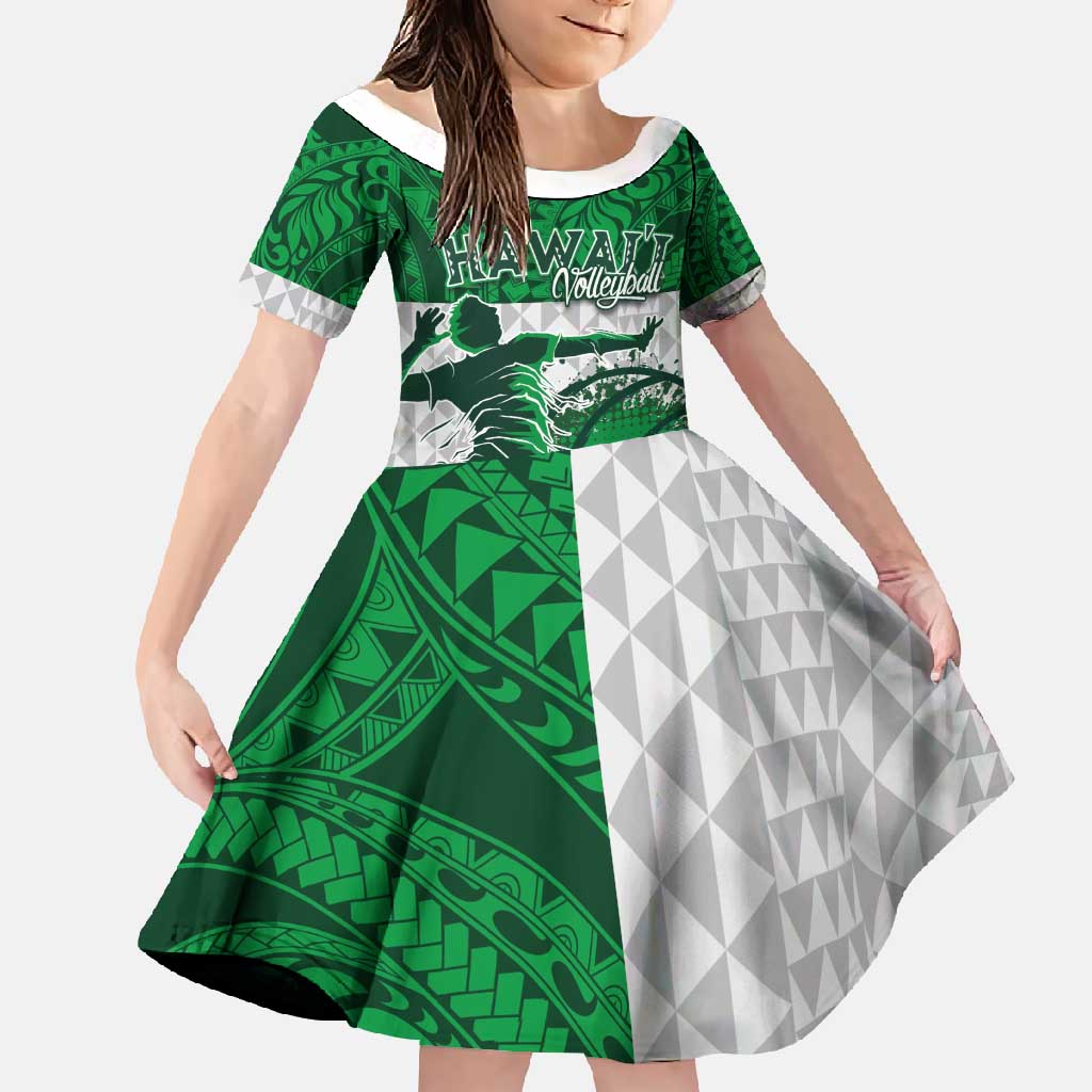 Custom Hawaii Volleyball-Kakau Motif Green Color Family Matching Short Sleeve Bodycon Dress and Hawaiian Shirt LT03 Daughter's Dress Green - Polynesian Pride