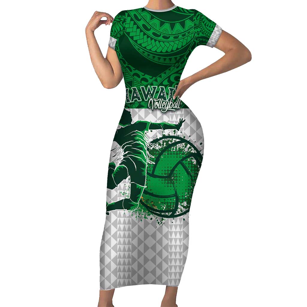 Custom Hawaii Volleyball-Kakau Motif Green Color Family Matching Short Sleeve Bodycon Dress and Hawaiian Shirt LT03 Mom's Dress Green - Polynesian Pride