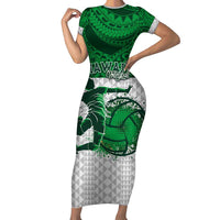 Custom Hawaii Volleyball-Kakau Motif Green Color Family Matching Short Sleeve Bodycon Dress and Hawaiian Shirt LT03 Mom's Dress Green - Polynesian Pride