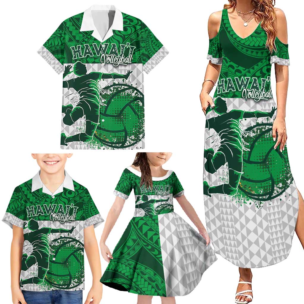 Custom Hawaii Volleyball-Kakau Motif Green Color Family Matching Summer Maxi Dress and Hawaiian Shirt LT03 - Polynesian Pride