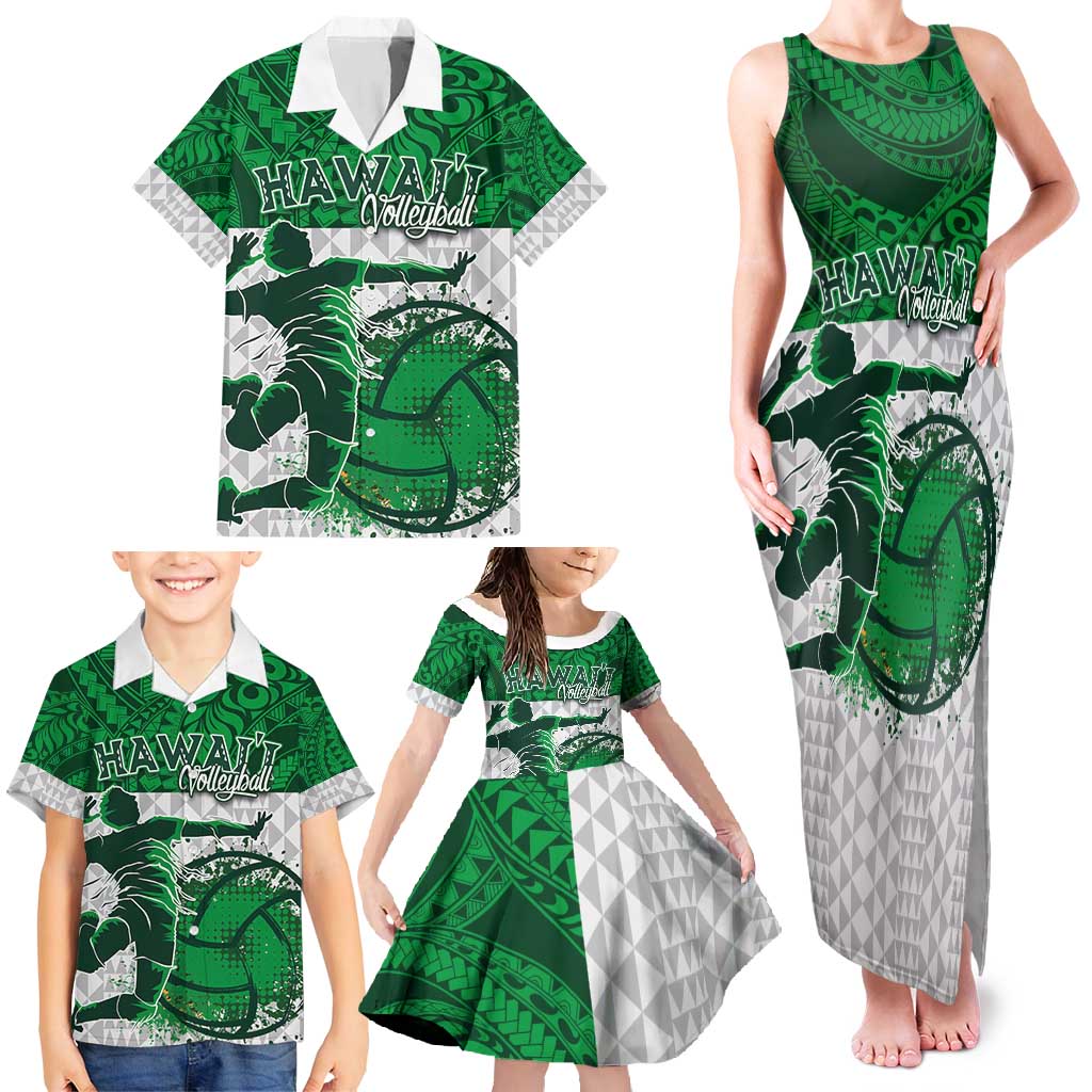 Custom Hawaii Volleyball-Kakau Motif Green Color Family Matching Tank Maxi Dress and Hawaiian Shirt LT03 - Polynesian Pride