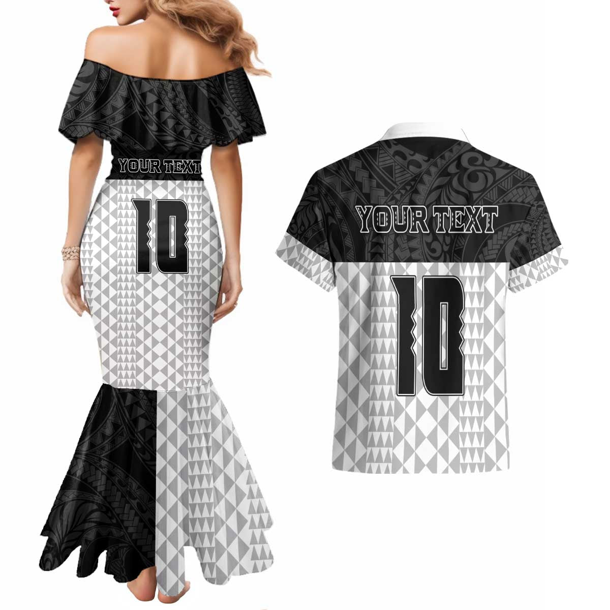 Custom Hawaii Volleyball-Kakau Motif Grayscale Color Couples Matching Mermaid Dress and Hawaiian Shirt LT03 - Polynesian Pride