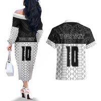 Custom Hawaii Volleyball-Kakau Motif Grayscale Color Couples Matching Off The Shoulder Long Sleeve Dress and Hawaiian Shirt LT03 - Polynesian Pride