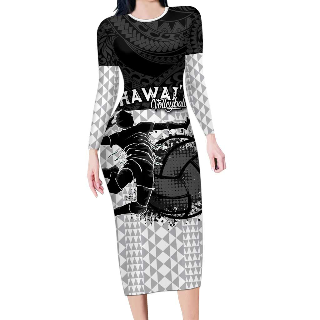 Custom Hawaii Volleyball-Kakau Motif Grayscale Color Family Matching Long Sleeve Bodycon Dress and Hawaiian Shirt LT03 Mom's Dress Black - Polynesian Pride