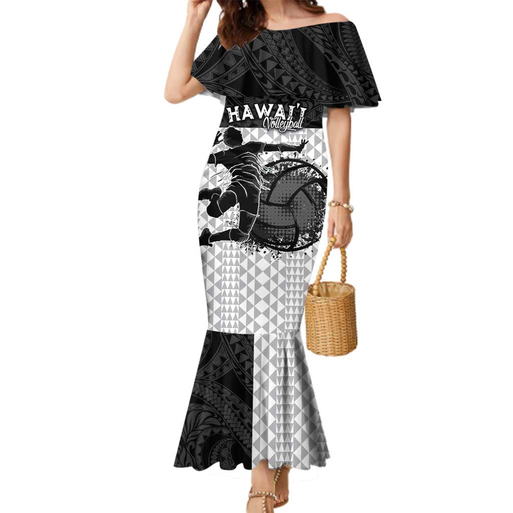 Custom Hawaii Volleyball-Kakau Motif Grayscale Color Family Matching Mermaid Dress and Hawaiian Shirt LT03 Mom's Dress Black - Polynesian Pride