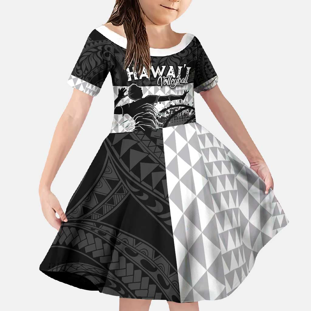 Custom Hawaii Volleyball-Kakau Motif Grayscale Color Family Matching Off Shoulder Maxi Dress and Hawaiian Shirt LT03 Daughter's Dress Black - Polynesian Pride