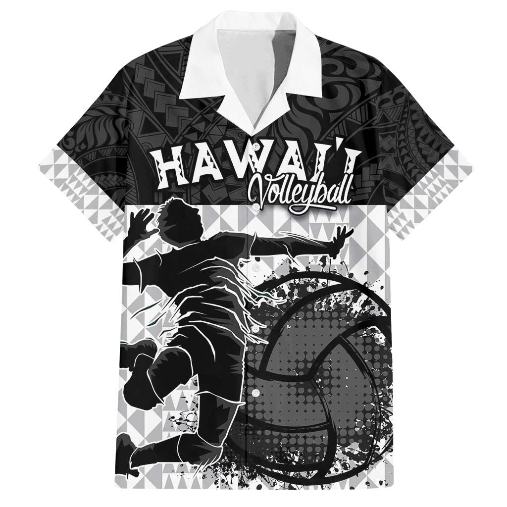 Custom Hawaii Volleyball-Kakau Motif Grayscale Color Family Matching Off Shoulder Maxi Dress and Hawaiian Shirt LT03 Dad's Shirt - Short Sleeve Black - Polynesian Pride