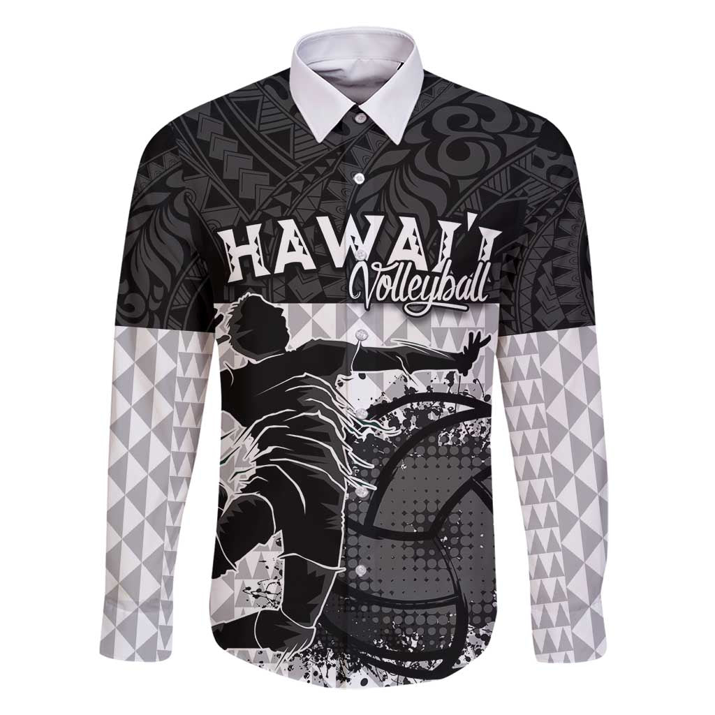 Custom Hawaii Volleyball-Kakau Motif Grayscale Color Family Matching Off Shoulder Maxi Dress and Hawaiian Shirt LT03 Dad's Shirt - Long Sleeve Black - Polynesian Pride