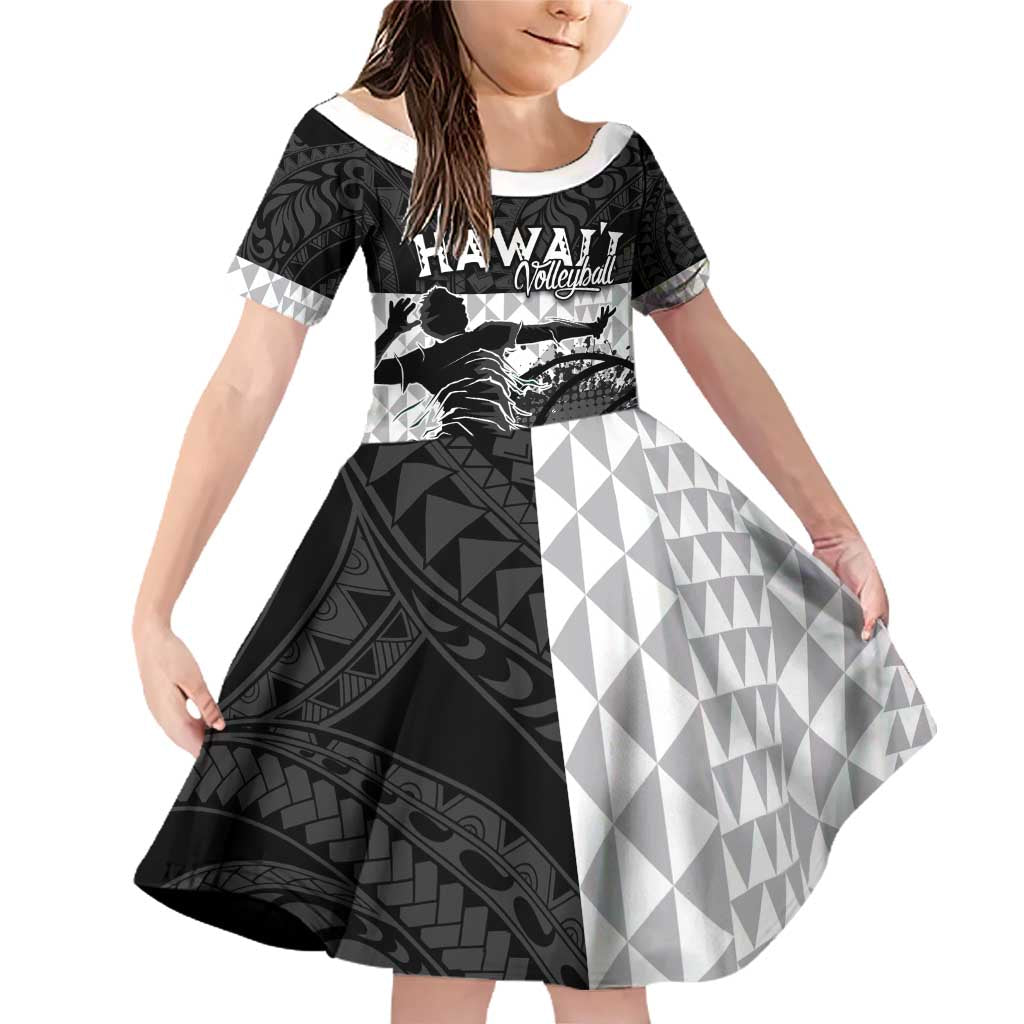 Custom Hawaii Volleyball-Kakau Motif Grayscale Color Family Matching Off Shoulder Short Dress and Hawaiian Shirt LT03 Daughter's Dress Black - Polynesian Pride