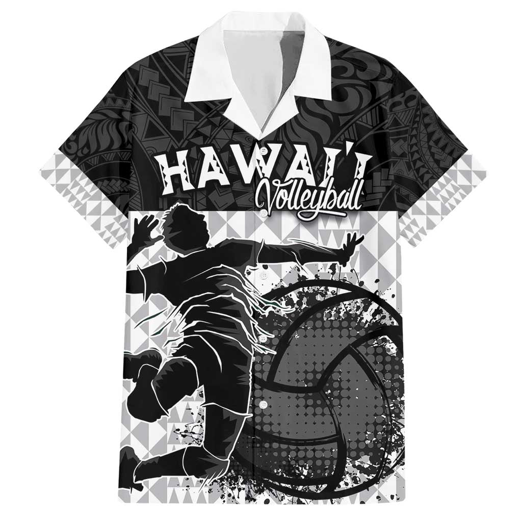 Custom Hawaii Volleyball-Kakau Motif Grayscale Color Family Matching Short Sleeve Bodycon Dress and Hawaiian Shirt LT03 Dad's Shirt - Short Sleeve Black - Polynesian Pride