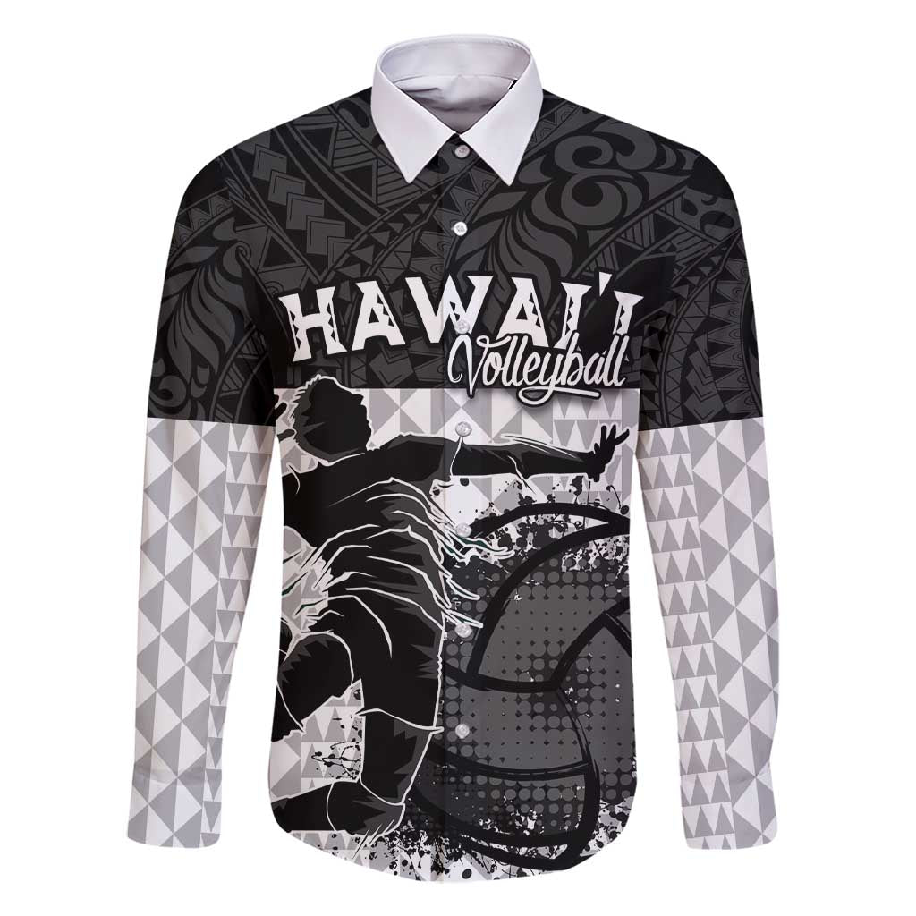 Custom Hawaii Volleyball-Kakau Motif Grayscale Color Family Matching Short Sleeve Bodycon Dress and Hawaiian Shirt LT03 Dad's Shirt - Long Sleeve Black - Polynesian Pride