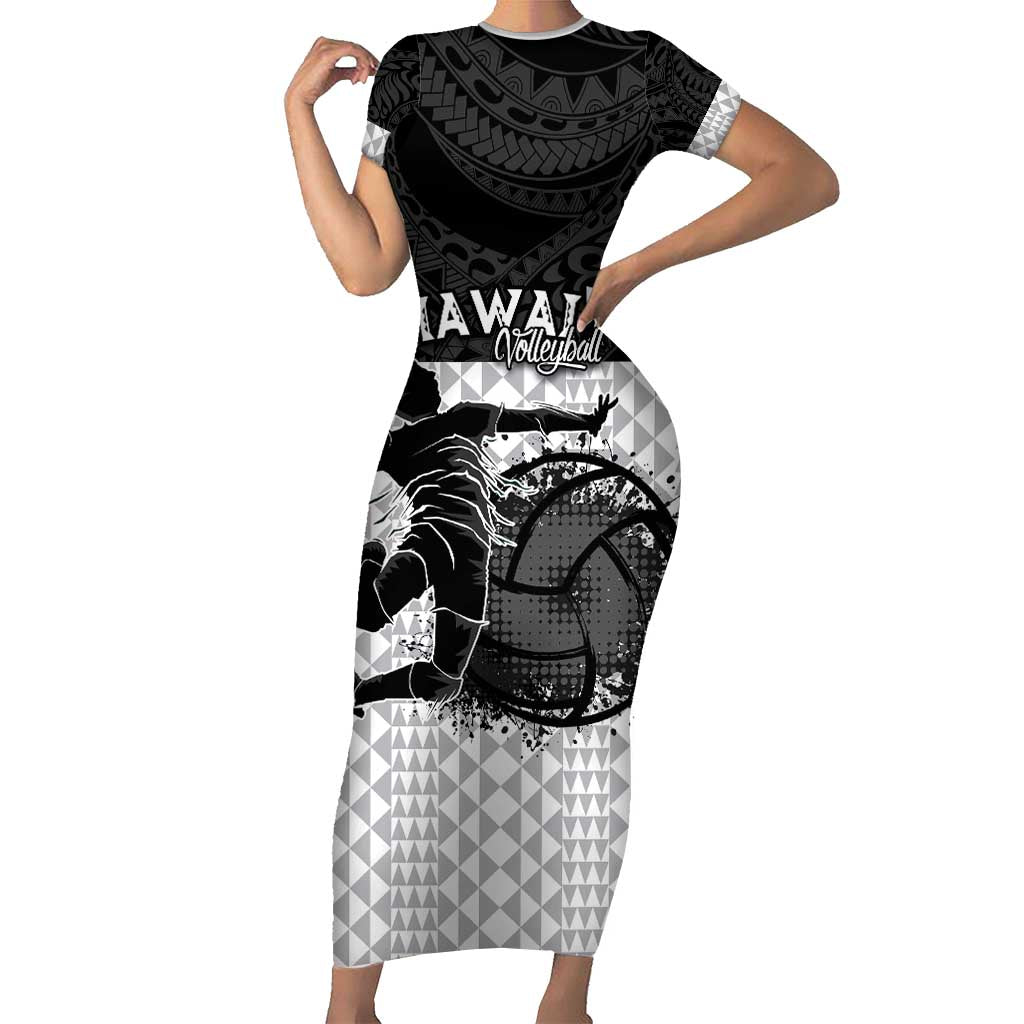 Custom Hawaii Volleyball-Kakau Motif Grayscale Color Family Matching Short Sleeve Bodycon Dress and Hawaiian Shirt LT03 Mom's Dress Black - Polynesian Pride