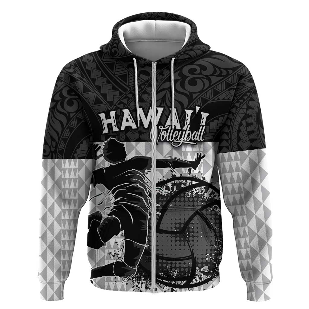 Custom Hawaii Volleyball-Kakau Motif Grayscale Color Hoodie LT03 Zip Hoodie Black - Polynesian Pride