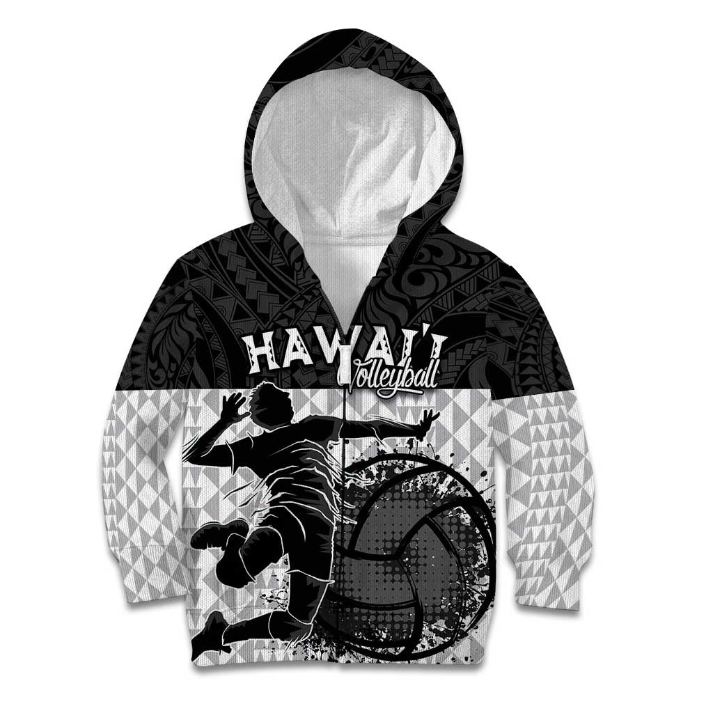 Custom Hawaii Volleyball-Kakau Motif Grayscale Color Kid Hoodie LT03 Zip Hoodie Black - Polynesian Pride