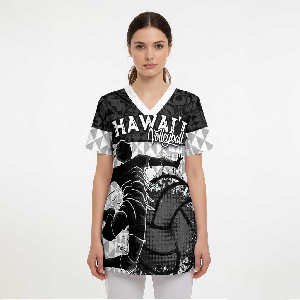 Custom Hawaii Volleyball-Kakau Motif Grayscale Color Scrub Top - Polynesian Pride