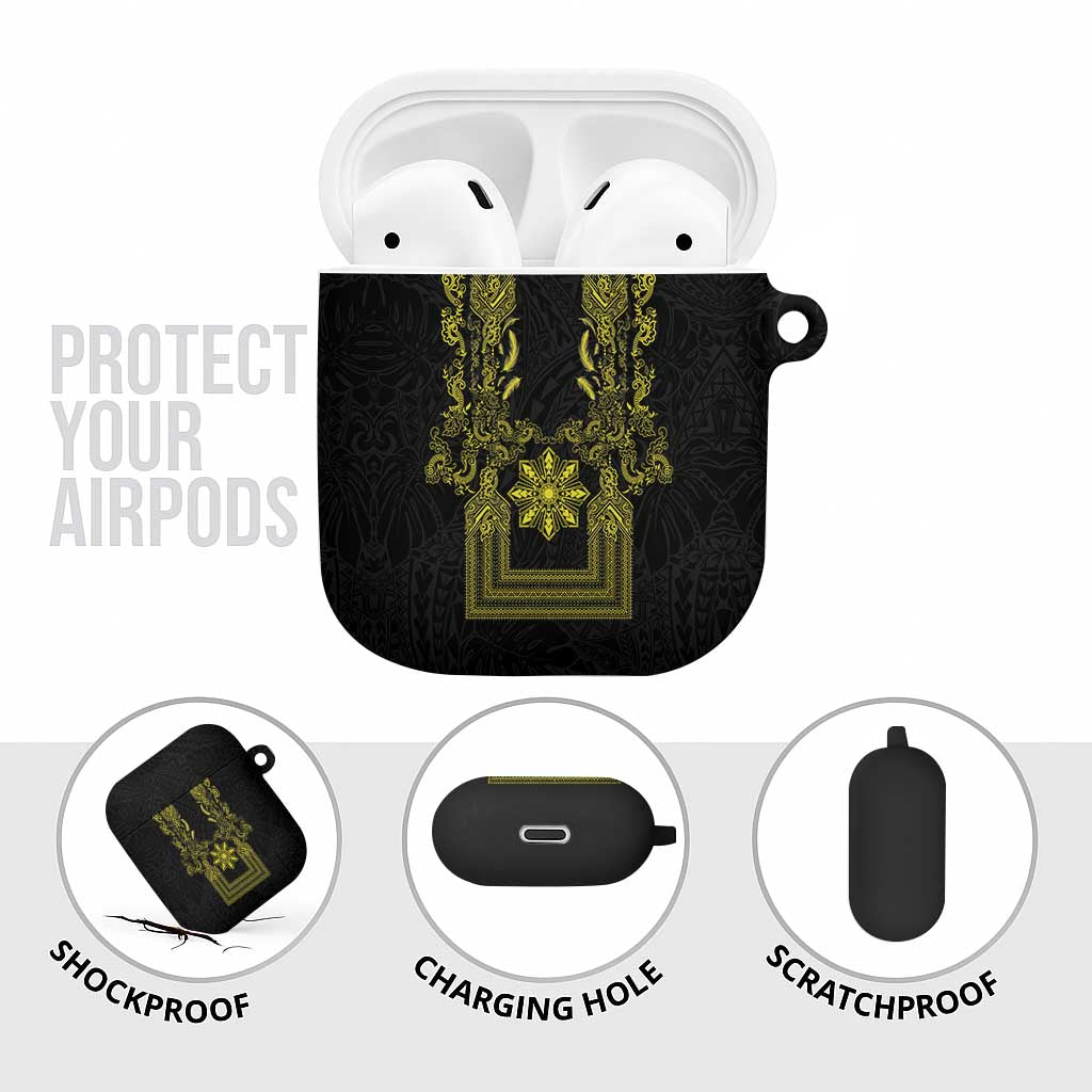 Philippines Barong Style AirPods Case with Polynesian Art and Leaf Motif Black-Gold Color
