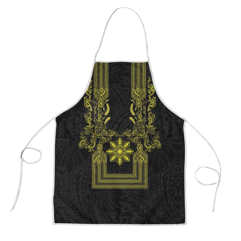 Philippines Barong Style Apron with Polynesian Art and Leaf Motif Black-Gold Color