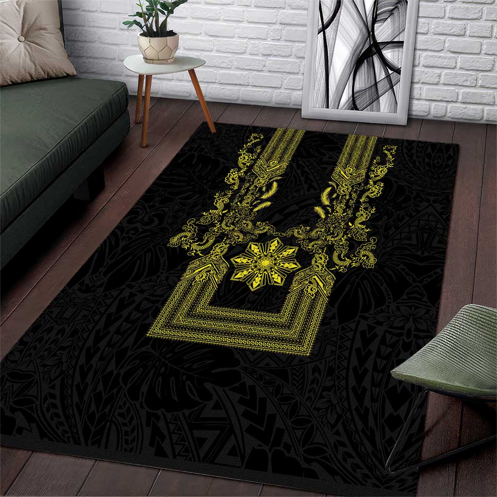 Philippines Barong Style Area Rug with Polynesian Art and Leaf Motif Black-Gold Color