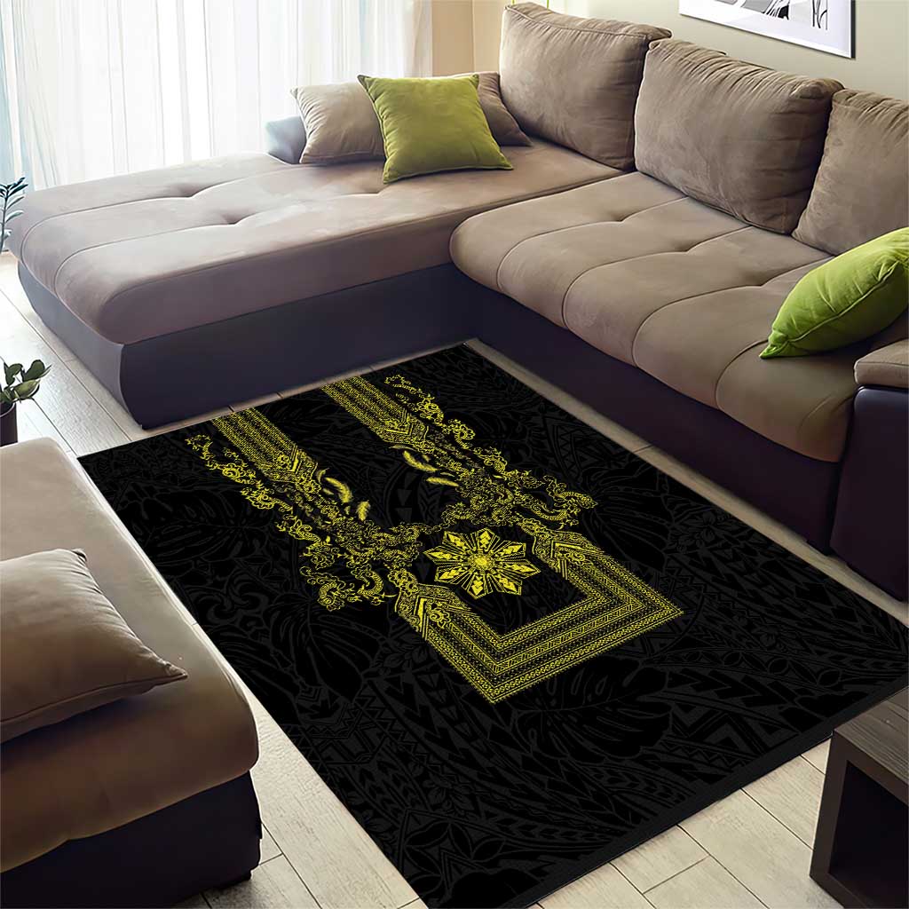 Philippines Barong Style Area Rug with Polynesian Art and Leaf Motif Black-Gold Color