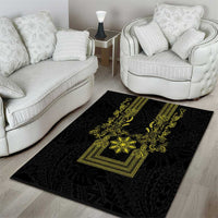 Philippines Barong Style Area Rug with Polynesian Art and Leaf Motif Black-Gold Color