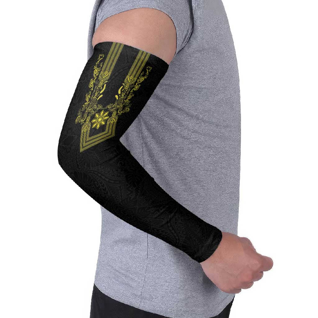 Philippines Barong Style Arm Sleeves with Polynesian Art and Leaf Motif Black-Gold Color