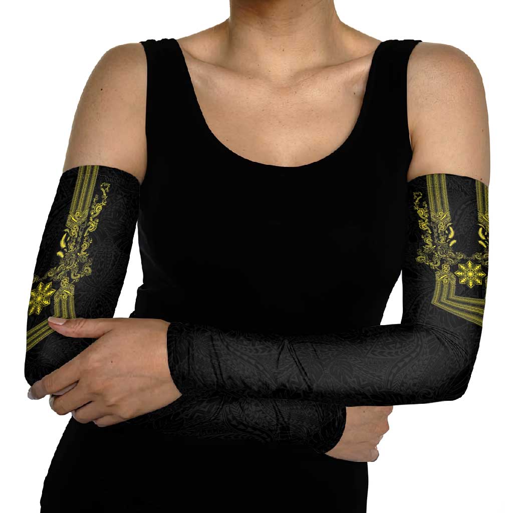 Philippines Barong Style Arm Sleeves with Polynesian Art and Leaf Motif Black-Gold Color