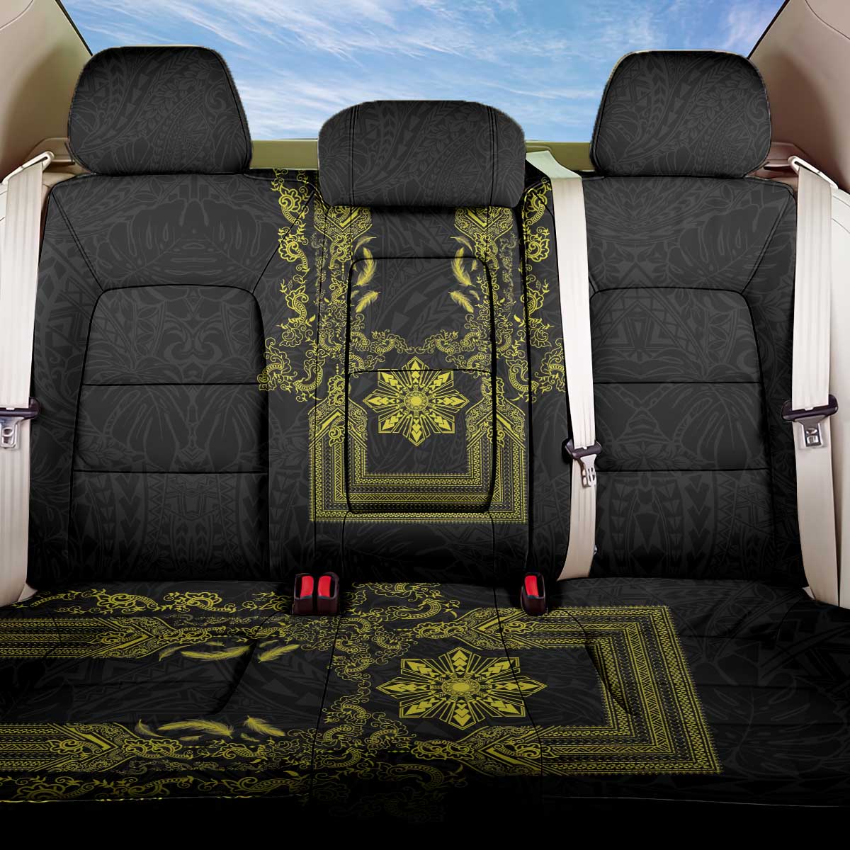 Philippines Barong Style Back Car Seat Cover with Polynesian Art and Leaf Motif Black-Gold Color