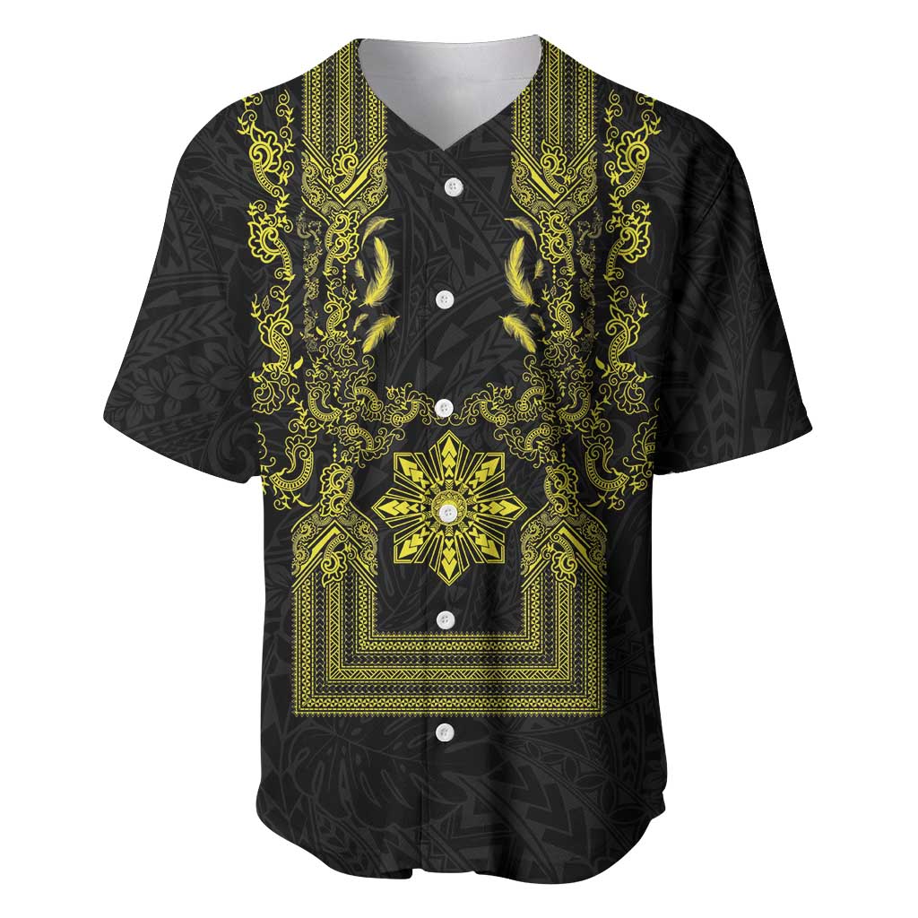 Philippines Barong Style Baseball Jersey with Polynesian Art and Leaf Motif Black-Gold Color