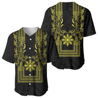 Philippines Barong Style Baseball Jersey with Polynesian Art and Leaf Motif Black-Gold Color