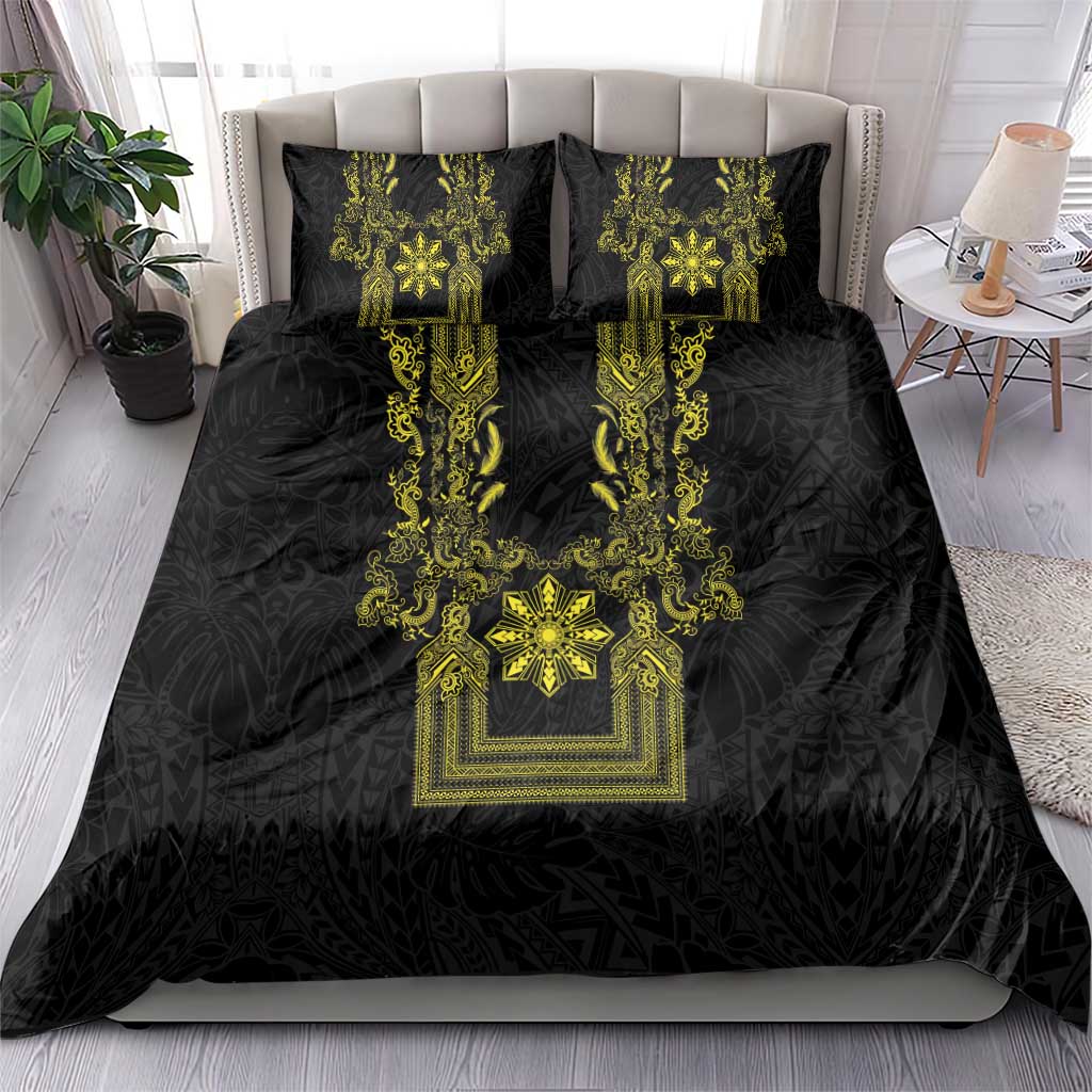 Philippines Barong Style Bedding Set with Polynesian Art and Leaf Motif Black-Gold Color