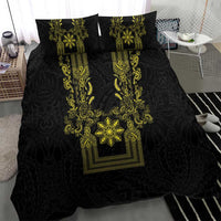 Philippines Barong Style Bedding Set with Polynesian Art and Leaf Motif Black-Gold Color