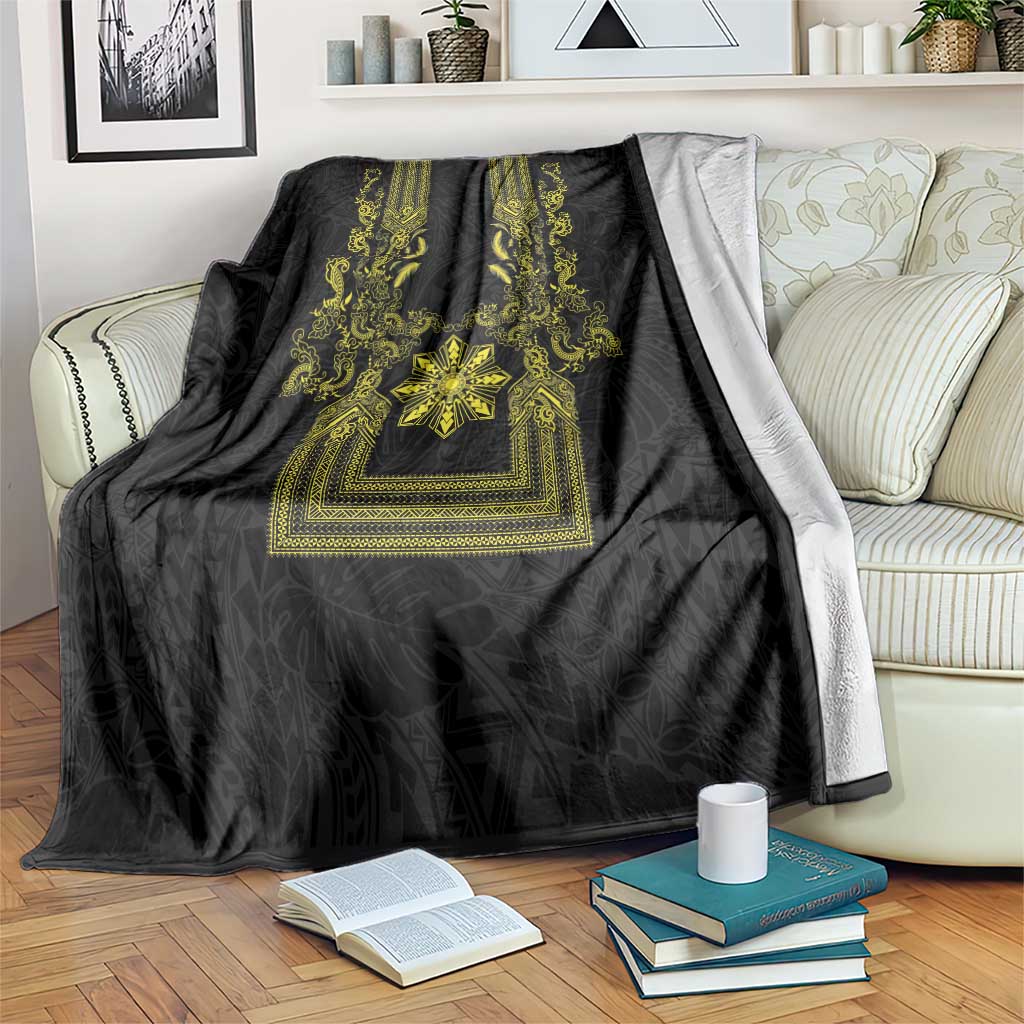 Philippines Barong Style Blanket with Polynesian Art and Leaf Motif Black-Gold Color