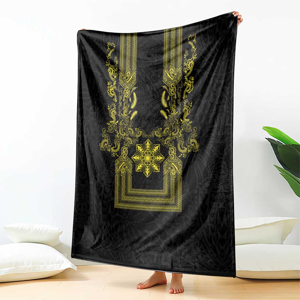 Philippines Barong Style Blanket with Polynesian Art and Leaf Motif Black-Gold Color