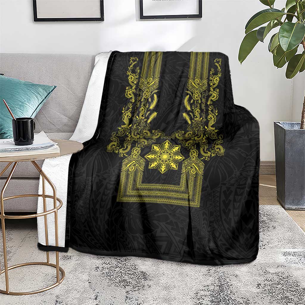 Philippines Barong Style Blanket with Polynesian Art and Leaf Motif Black-Gold Color