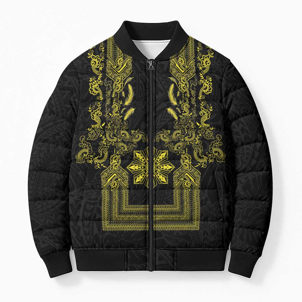 Philippines Barong Style Bomber Puffer Jacket with Polynesian Art and Leaf Motif Black-Gold Color