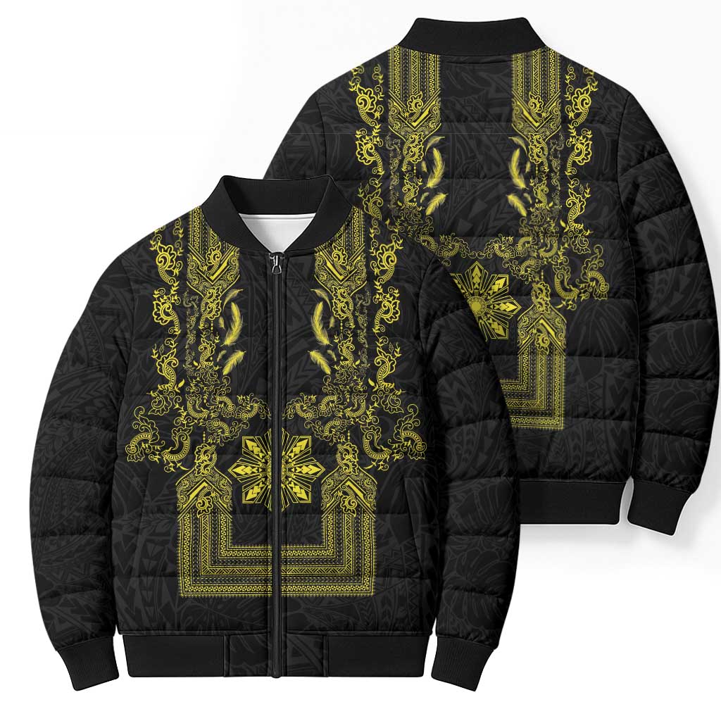 Philippines Barong Style Bomber Puffer Jacket with Polynesian Art and Leaf Motif Black-Gold Color