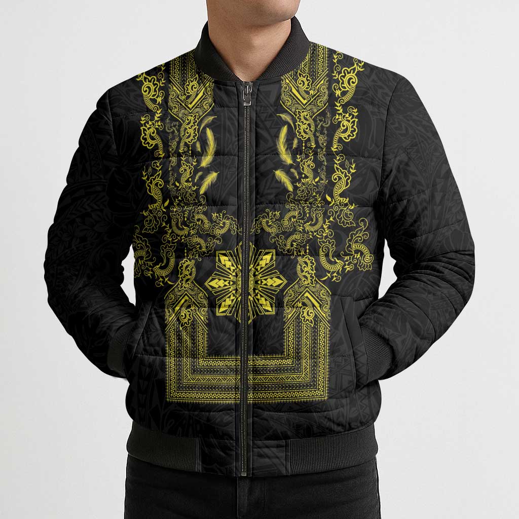 Philippines Barong Style Bomber Puffer Jacket with Polynesian Art and Leaf Motif Black-Gold Color