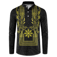 Philippines Barong Style Button Sweatshirt with Polynesian Art and Leaf Motif Black-Gold Color