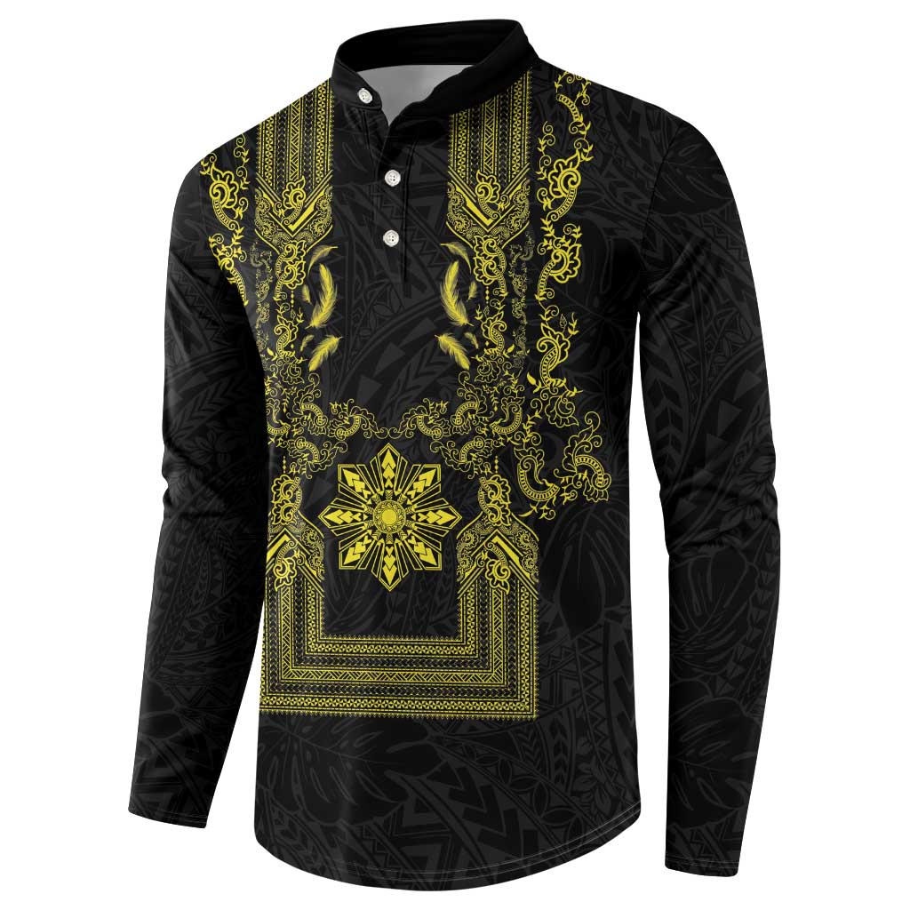 Philippines Barong Style Button Sweatshirt with Polynesian Art and Leaf Motif Black-Gold Color