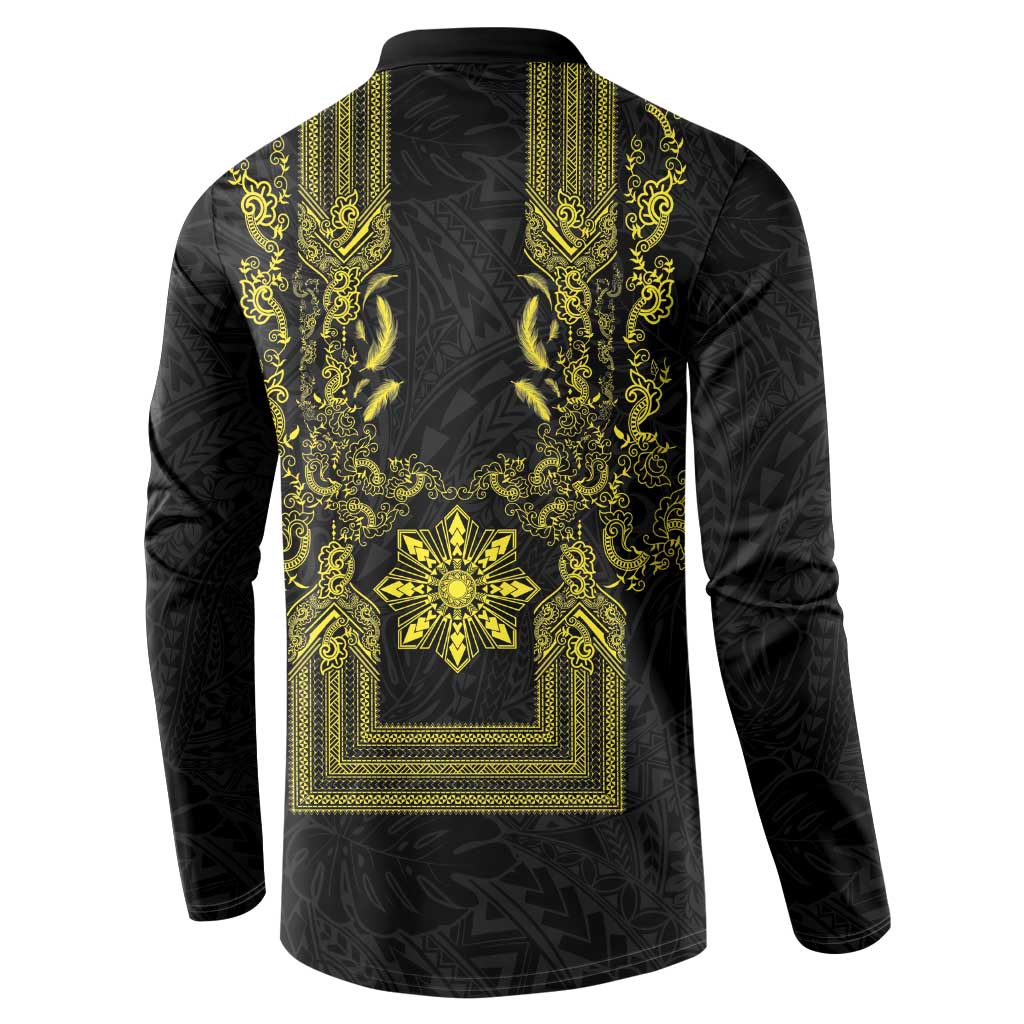 Philippines Barong Style Button Sweatshirt with Polynesian Art and Leaf Motif Black-Gold Color