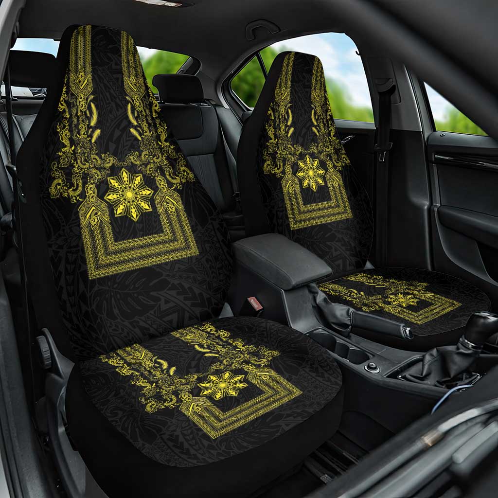 Philippines Barong Style Car Seat Cover with Polynesian Art and Leaf Motif Black-Gold Color