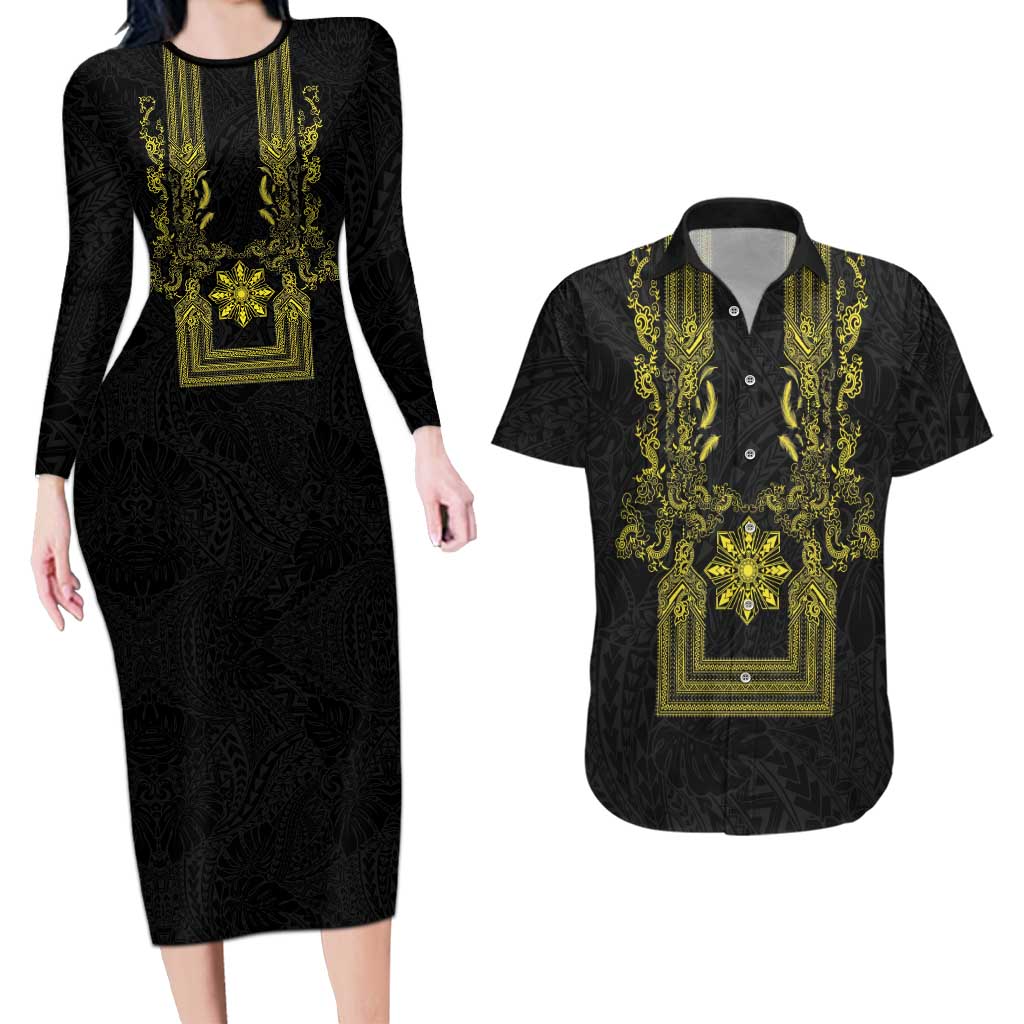 Philippines Barong Style Couples Matching Long Sleeve Bodycon Dress and Hawaiian Shirt with Polynesian Art and Leaf Motif Black-Gold Color LT03 Black - Polynesian Pride