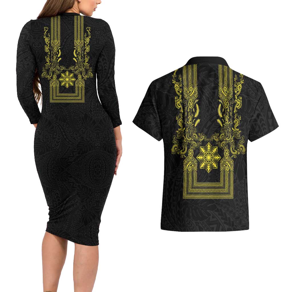 Philippines Barong Style Couples Matching Long Sleeve Bodycon Dress and Hawaiian Shirt with Polynesian Art and Leaf Motif Black-Gold Color LT03 - Polynesian Pride