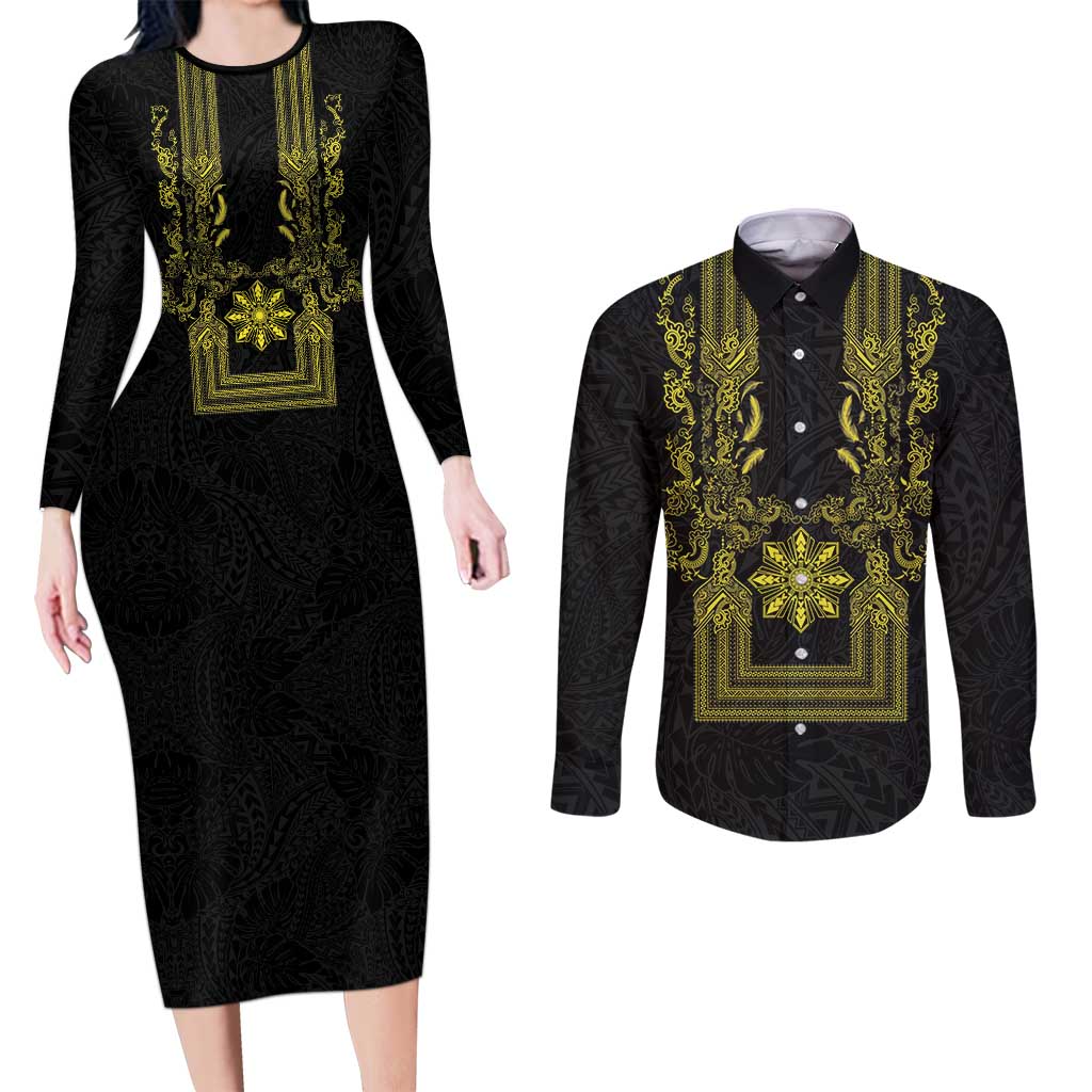 Philippines Barong Style Couples Matching Long Sleeve Bodycon Dress and Long Sleeve Button Shirt with Polynesian Art and Leaf Motif Black-Gold Color LT03 Black - Polynesian Pride
