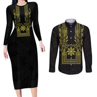 Philippines Barong Style Couples Matching Long Sleeve Bodycon Dress and Long Sleeve Button Shirt with Polynesian Art and Leaf Motif Black-Gold Color LT03 Black - Polynesian Pride