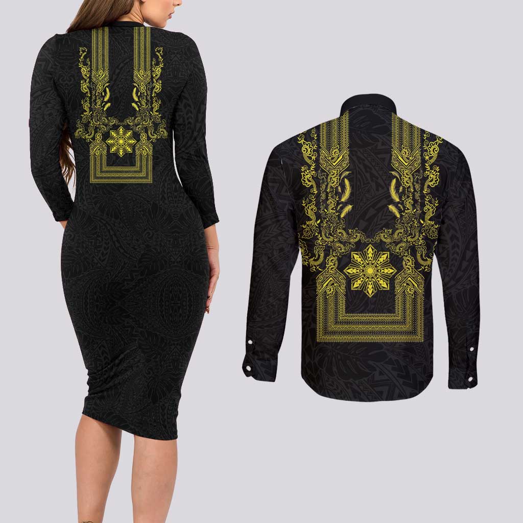Philippines Barong Style Couples Matching Long Sleeve Bodycon Dress and Long Sleeve Button Shirt with Polynesian Art and Leaf Motif Black-Gold Color LT03 - Polynesian Pride