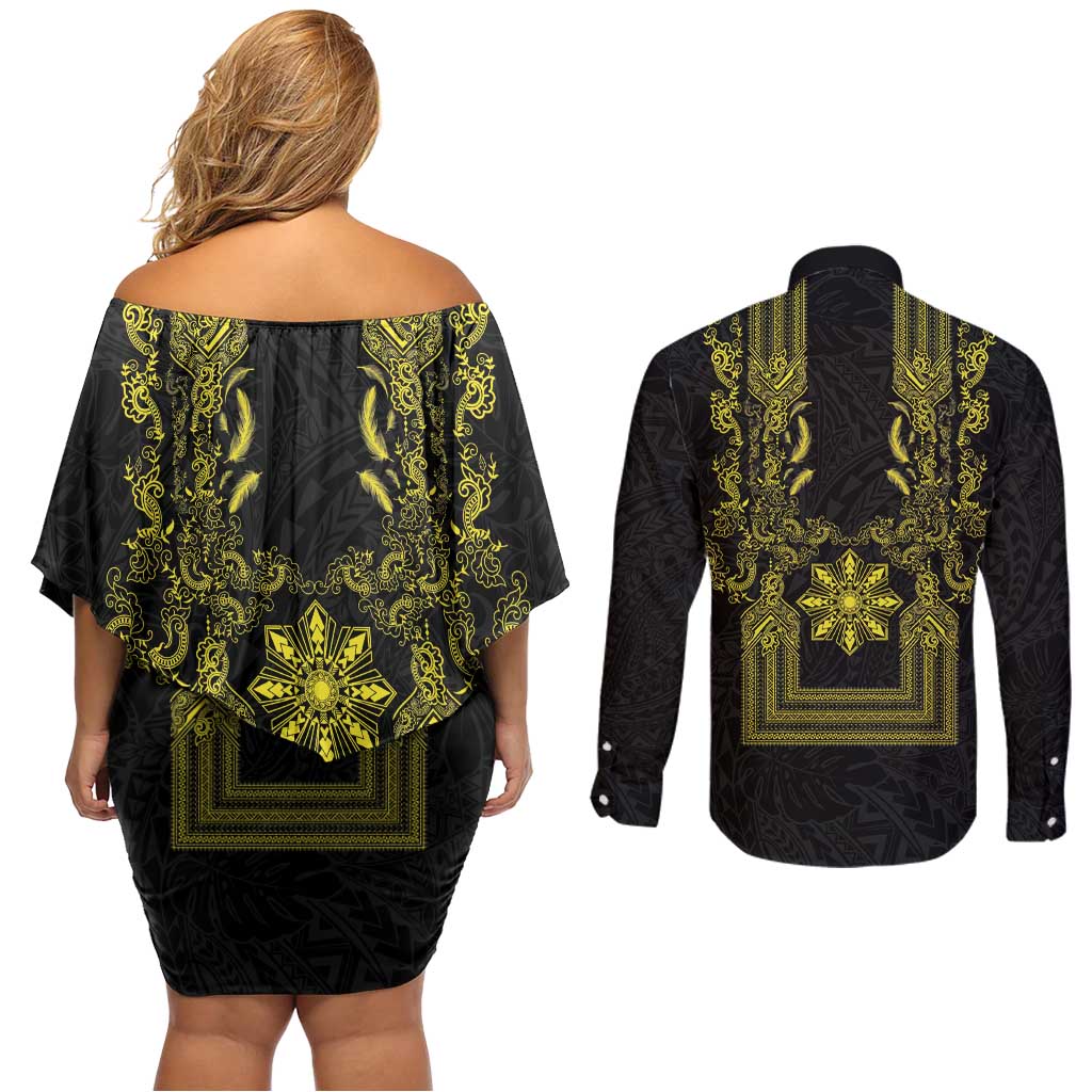Philippines Barong Style Couples Matching Off Shoulder Short Dress and Long Sleeve Button Shirt with Polynesian Art and Leaf Motif Black-Gold Color