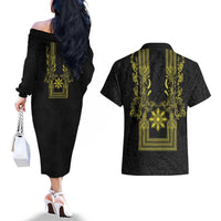 Philippines Barong Style Couples Matching Off The Shoulder Long Sleeve Dress and Hawaiian Shirt with Polynesian Art and Leaf Motif Black-Gold Color LT03 - Polynesian Pride