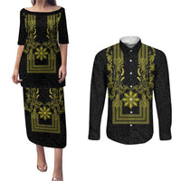 Philippines Barong Style Couples Matching Puletasi and Long Sleeve Button Shirt with Polynesian Art and Leaf Motif Black-Gold Color